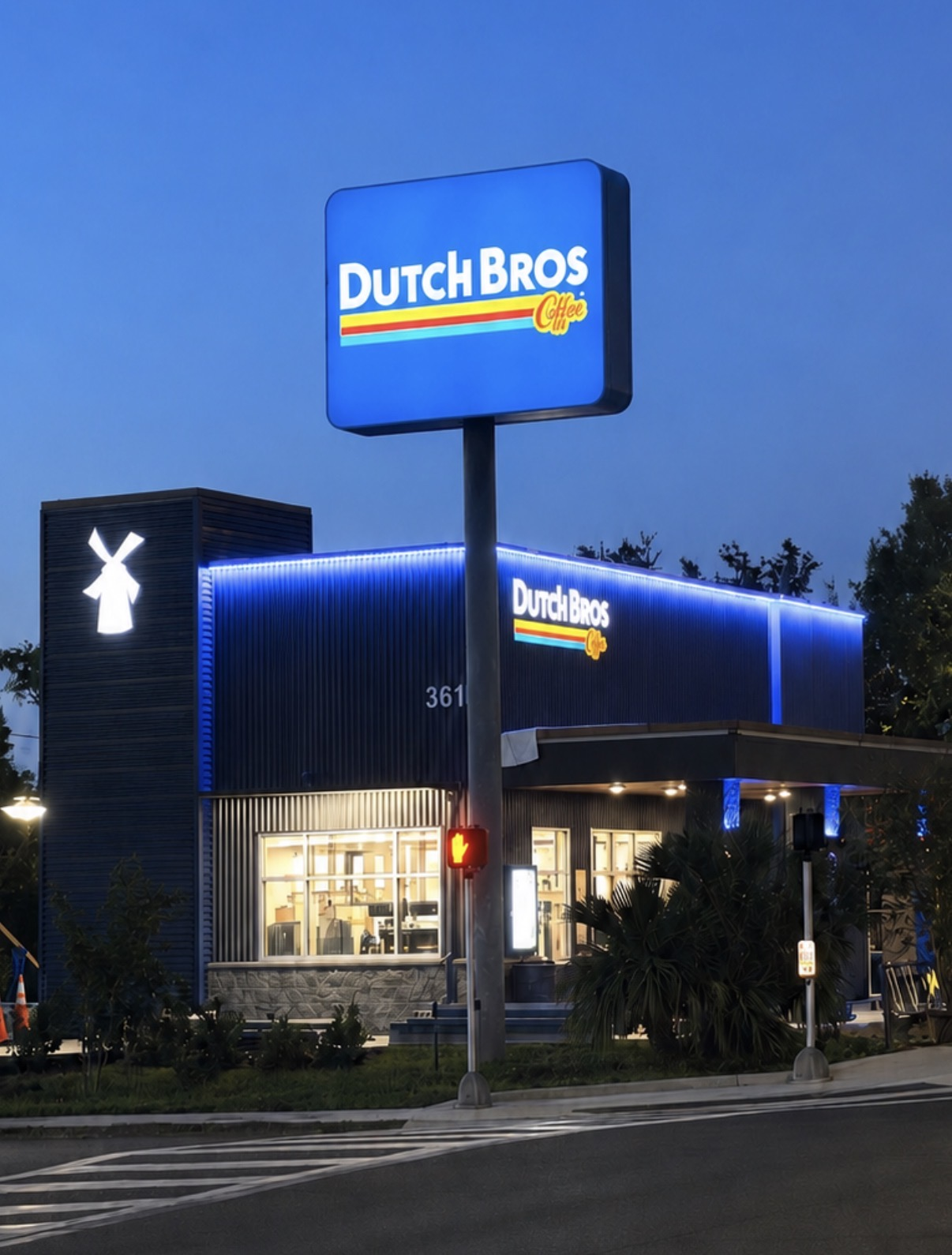 Dutch Bros Coffee on South Dale Mabry in Tampa illuminated at dusk